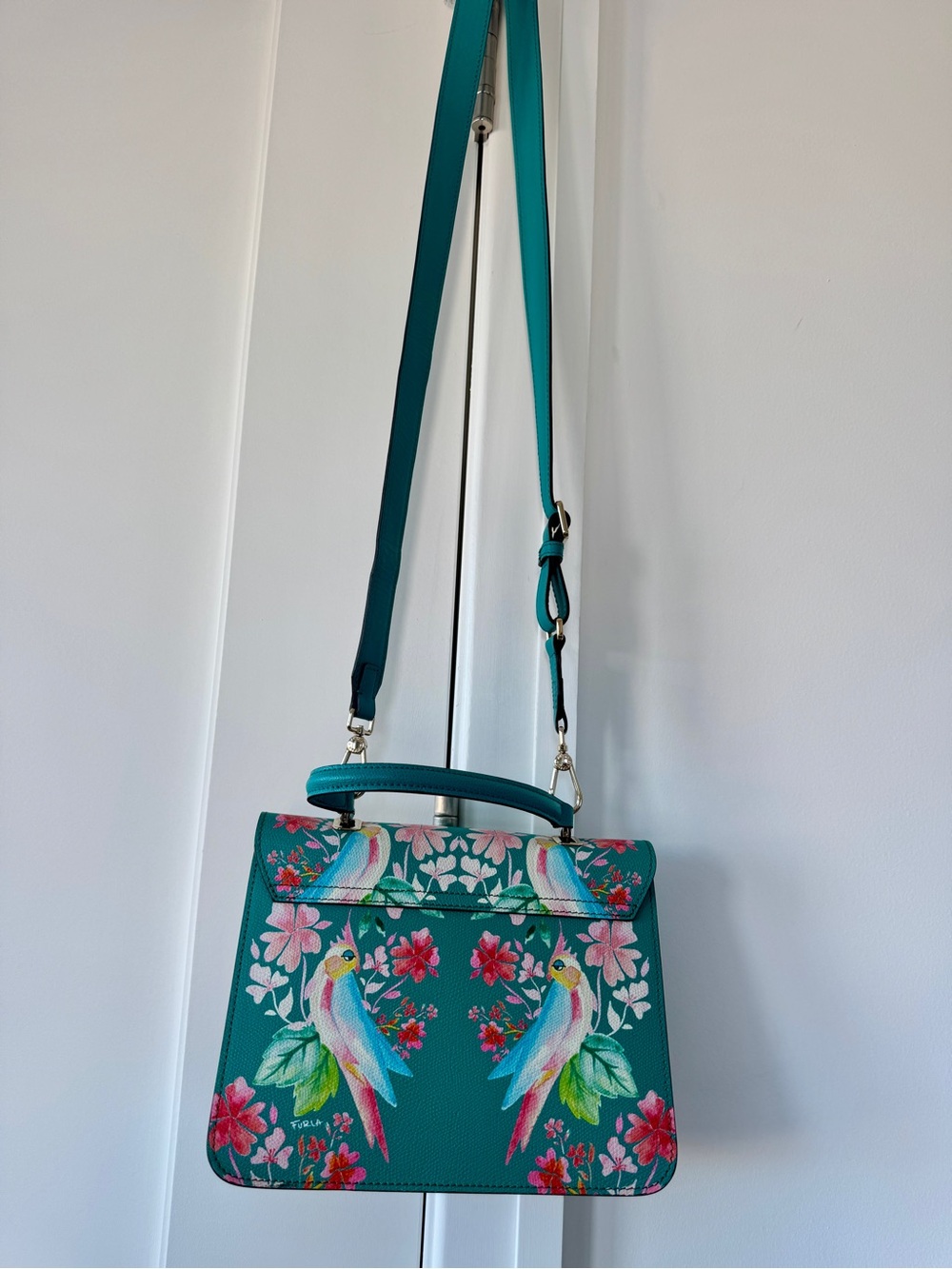 Furla Teal Floral Crossbody Satchel with Gold Hardware - Picture 4 of 7